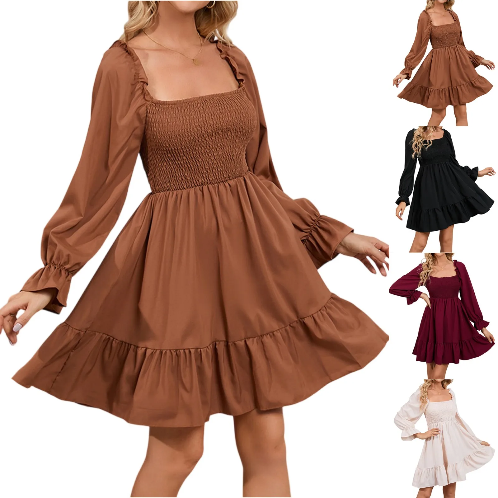 فساتين نسائية كاجوال بسيطة برقبة مربعة بلون سادة وأكمام طويلة فساتين صيفية مكشكشة ربيعية مرقعة بوهو فستان حفلات الكوكتيل مزين بالزهور