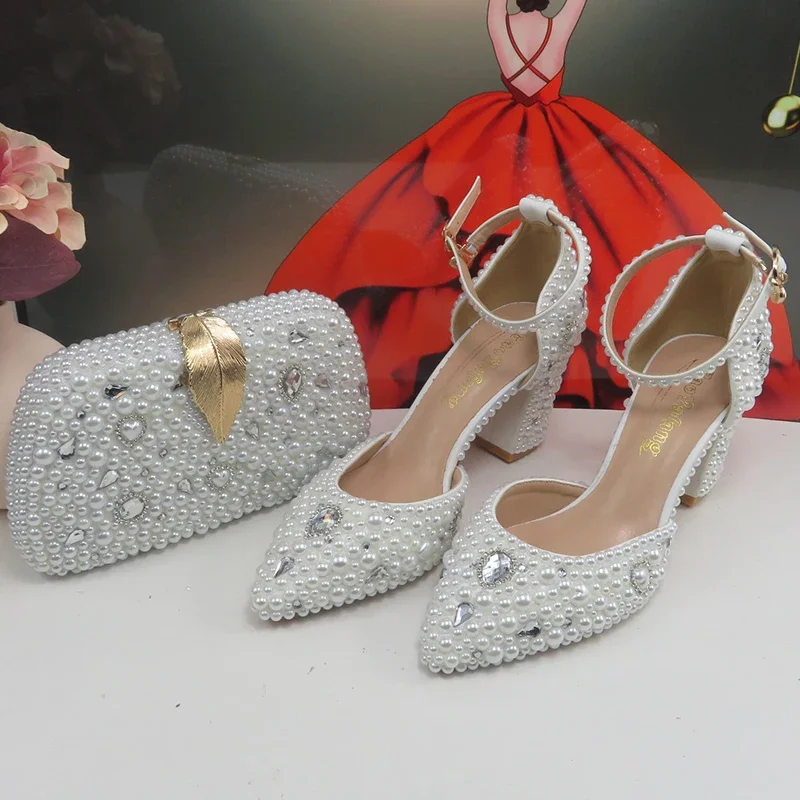 New White pearl Women Bridal wedding shoes and Bag Pointed Toe Female Party Shoes Fashion Ankle Strap Thick Heel Ladies Pumps