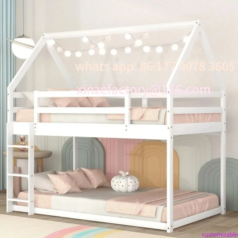 Customizable Twin Over Twin House Bunk Bed for Kids,Floor Low Bunk Beds with Ladder and Guardrails,Solid Wood Twin Size
