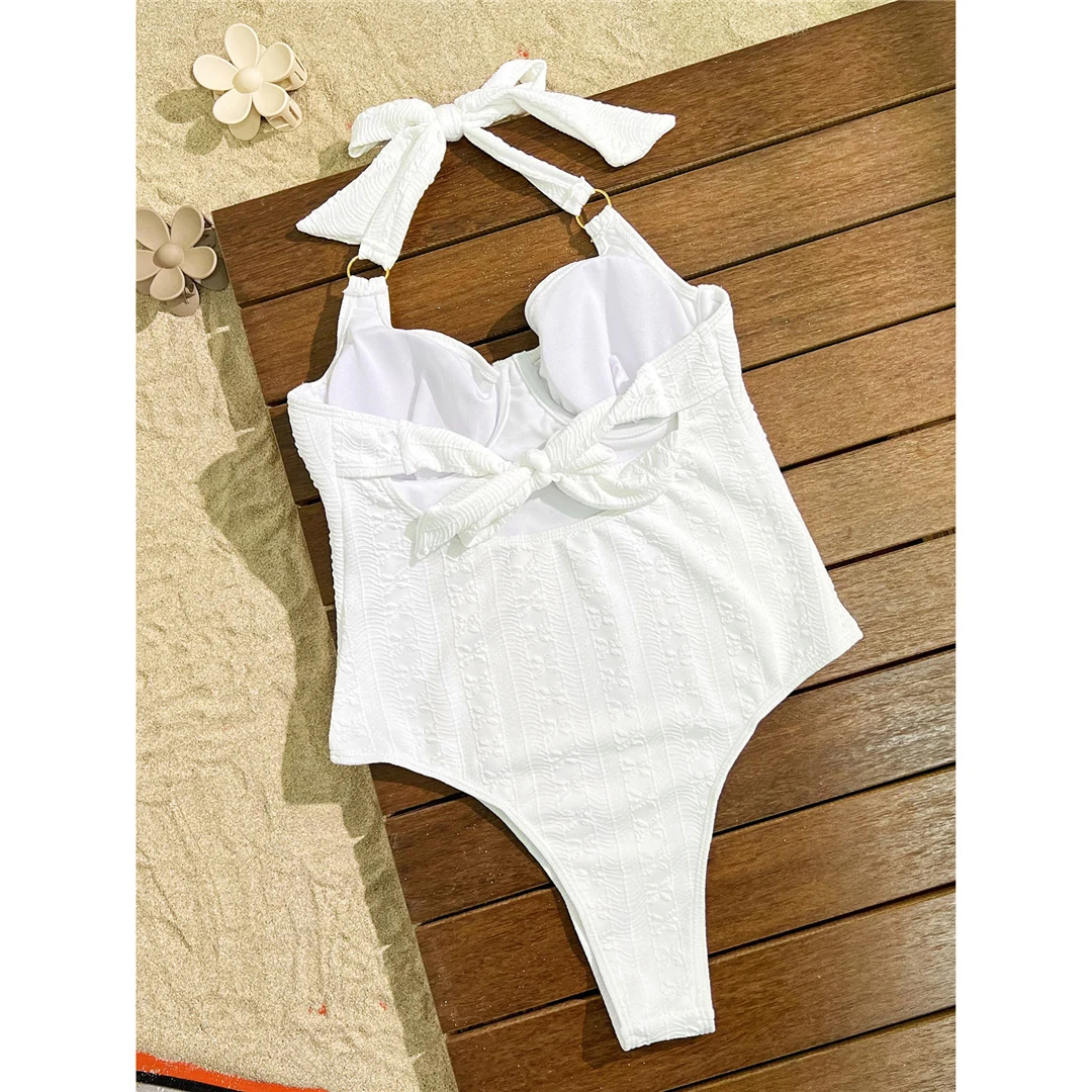 Gefalteter Neckholder-Badeanzug mit Bügel und Knoten, einteiliger Badeanzug für Damen, Monokini mit hohem Beinausschnitt, Badebekleidung, Badeanzug, Schwimmanzug V6271 – Detail 9