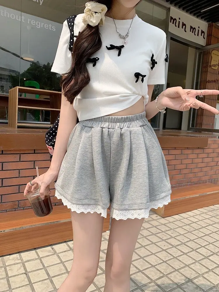 Wide Leg Shorts Women Sweet High Street Casual Lace Design Harajuku Simple Solid Cute Elastic Waist Summer Fashion Preppy Style