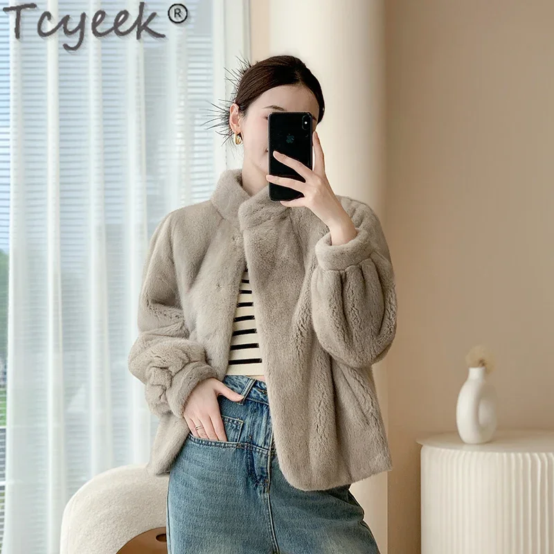 Tcyeek-Manteau en Fourrure de Vison group pour Femme, Vêtements d'Hiver, Veste en Fourrure de Vison pour Femme, Style Court, Combinaison de Fourrure Naturelle