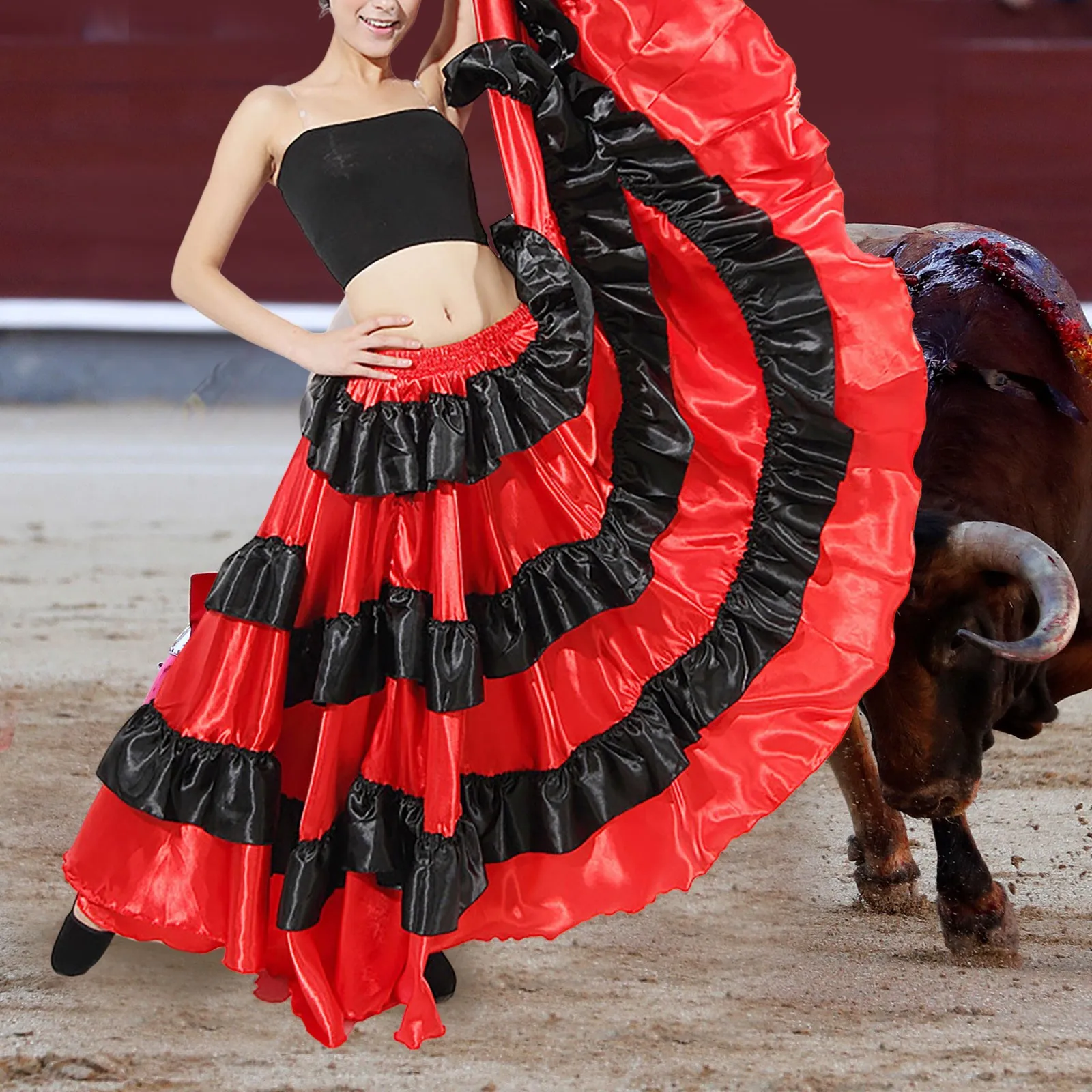 Falda de danza del toro español para mujer, falda de danza del vientre, falda oscilante grande con volantes, falda mexicana folclórica completa, vestido de baile fluido