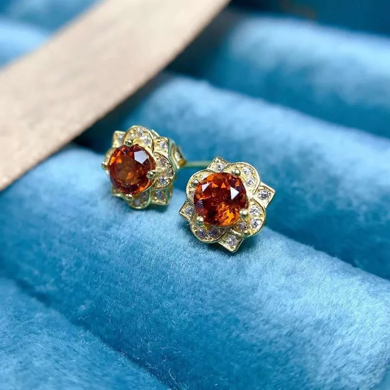 New Natural Citrine Gemstone Jewelry Studs Earring  925 Pure Silver 5mm Suit Wedding Jewelry for Women