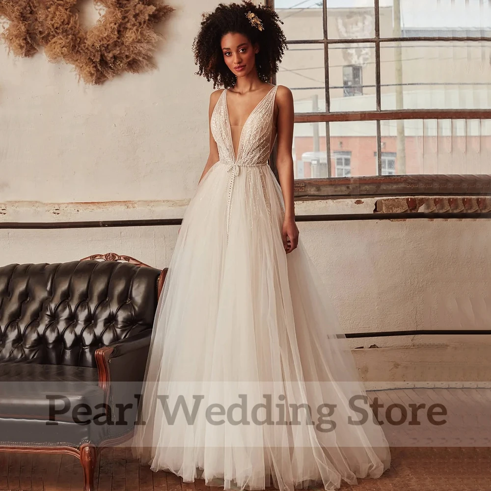 Charming Beading Wedding Dresses Deep V-Neck Sleeveless A-Line Tulle Open Back Bridal Floor Length with Sweep Train Gowns