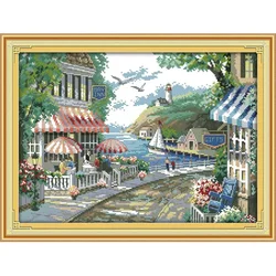 Joy Sunday Pre-printed Cross Stitch Kit Easy Pattern Aida Stamped Fabric Embroidery Set-The Seaside Cafe