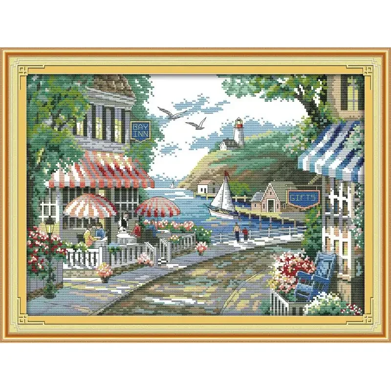 Joy Sunday Pre-printed Cross Stitch Kit  Easy Pattern Aida  Stamped Fabric Embroidery Set-The Seaside Cafe