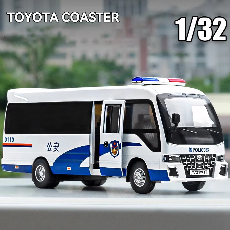 Coaster coche de policía de aleación fundido a presión, modelo de neumático de goma, luz de sonido, puertas traseras abiertas, juguete para niños, decoración de regalo de cumpleaños, 1:32