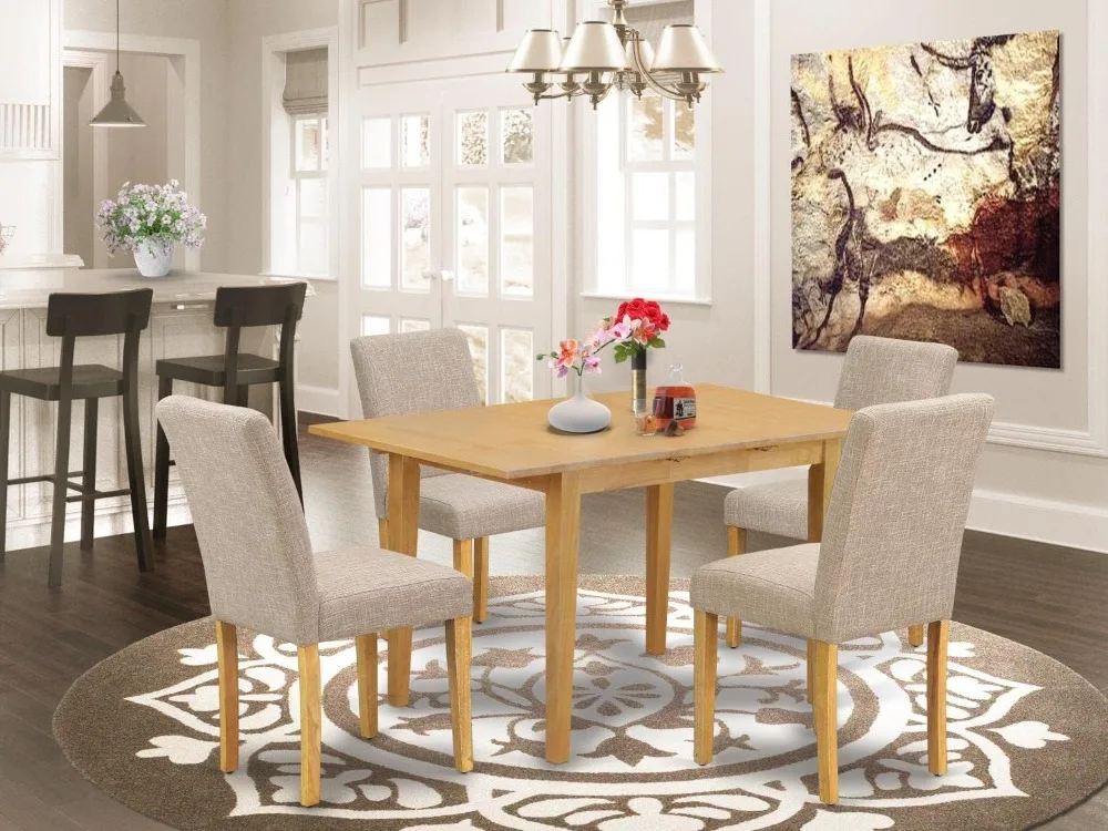 

5 Piece Dining Set Includes a Rectangle Dining Room Table with Butterfly Leaf and 4 Light Tan Linen Fabric Upholstered Chairs,