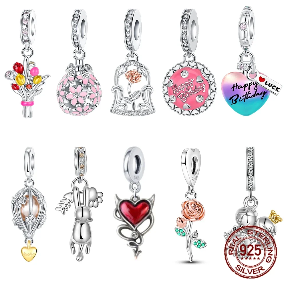 925 Sterling Silver Flower Birthday Gift Pendant Charms Beads Fit  Original Bracelets Fine DIY Jewelry for Women Gift