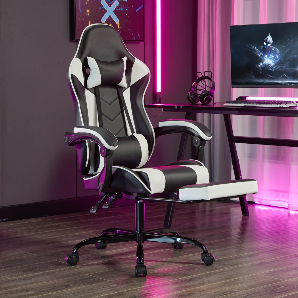 Gaming Chair with Footrest, Ergonomic Racing Computer Chair, High Back Reclining Gamer Chair with Headrest Lumbar Pillow, Height Adjustable Swivel Video Game Chair for Adults PU Leather
