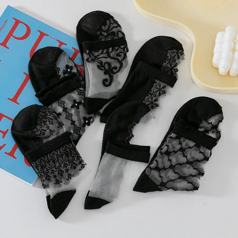 5/10 Paar Damen-Socken mit Spitze, mittlere Röhre, Kristall, Retro-Blumenmuster, Sommer, leicht, verschleißfest, atmungsaktiv, Freizeitsocken – Detail 10