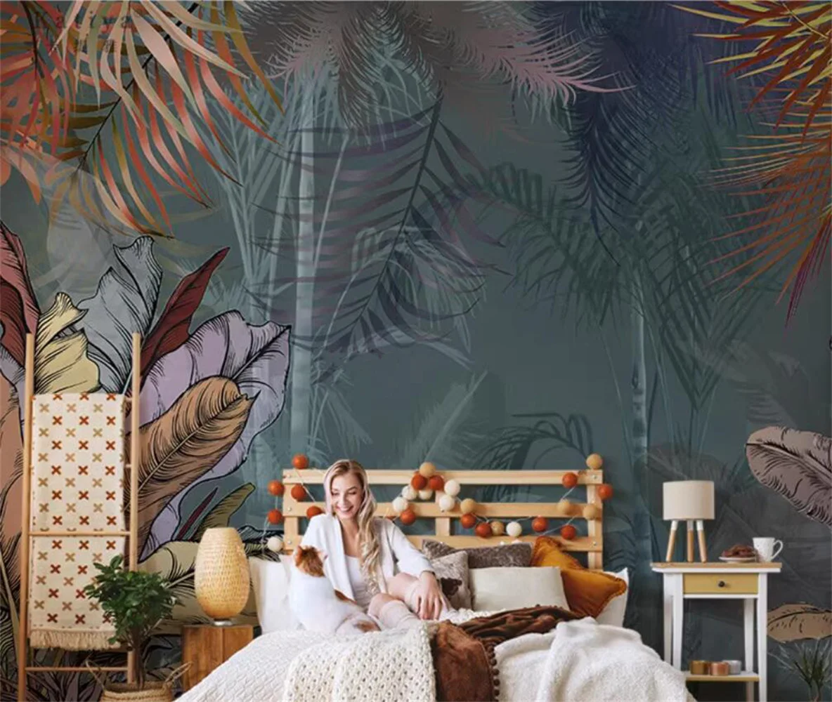 Customized wallpaper American hand drawn art banana leaf wall paper living room forest 3D mural TV background wall