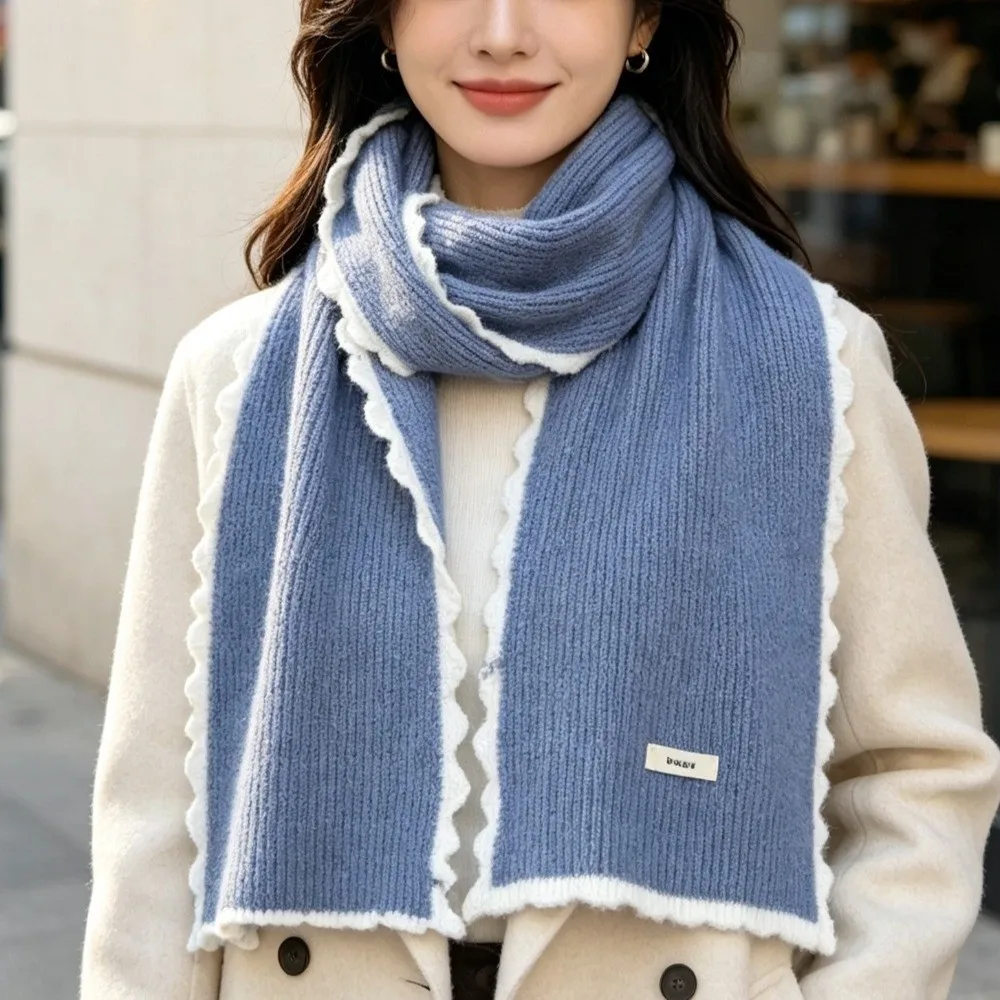 Thick Knitted Knitted Scarf Warm Lock Edge Long Length Winter Scarf Coldproof Fabric Imitation Wool Yarn Contrast Scarf