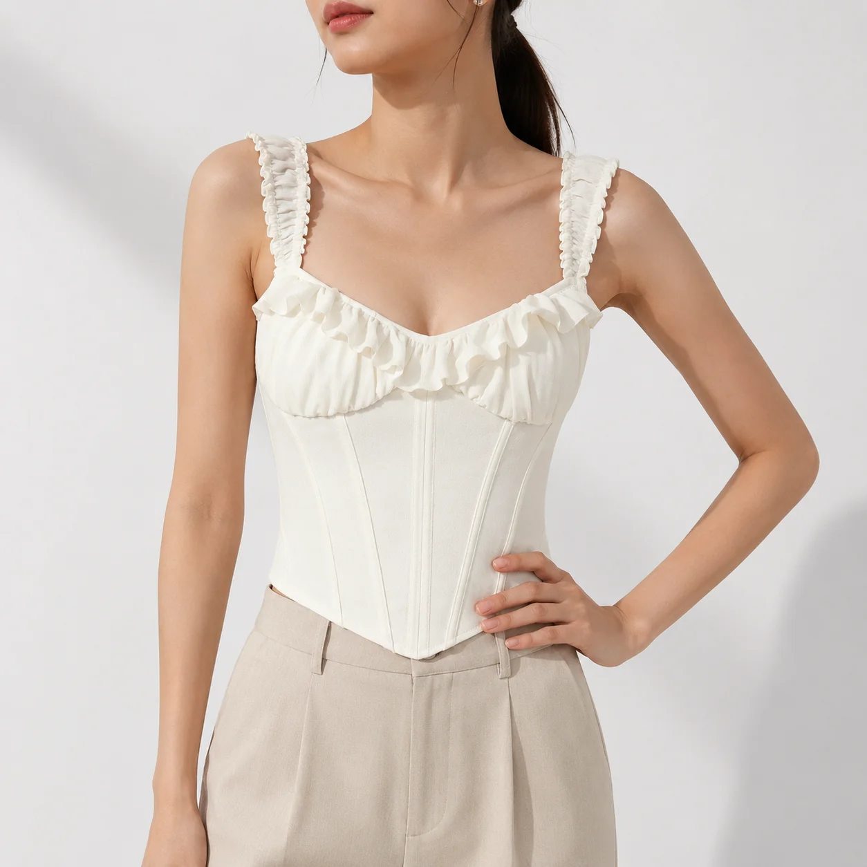 White Ruffle Trim Corset Top for Women Coquette French Romantic Lace Up Back Sweetheart Neck Form Fitting Cropped Bustier