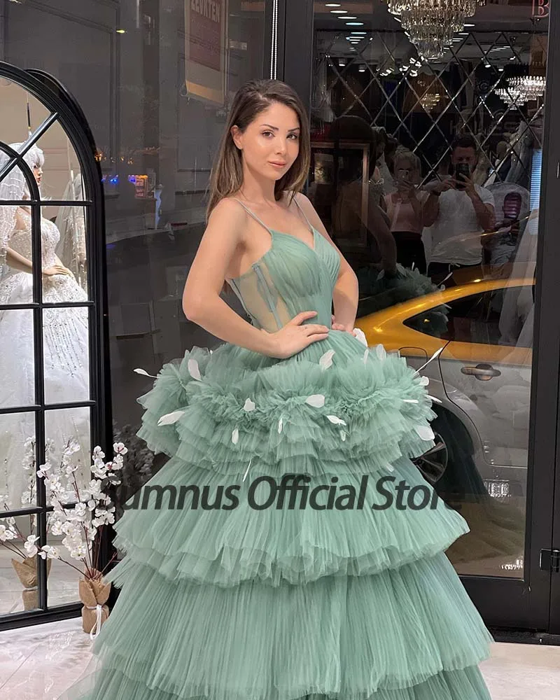 Sumnus vestido de baile verde em camadas tule cintas de espaguete com decote em v vestido de baile elegante vestidos de festa de fadas menina pageant vestido de noite