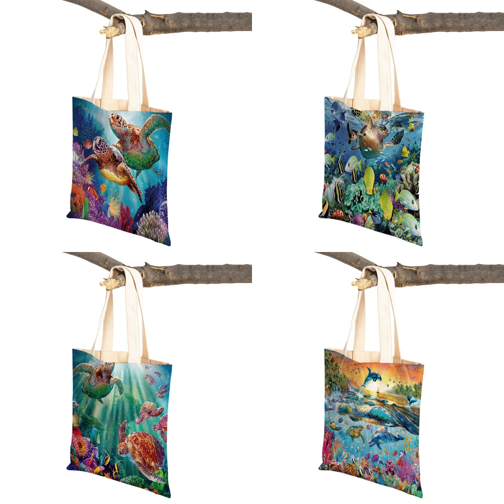 Ocean Landscape Sea Turtle Dolphin Shark Reusable Canvas Student Tote Handbag for Women Lady Foldable Reusable Shopping Bag