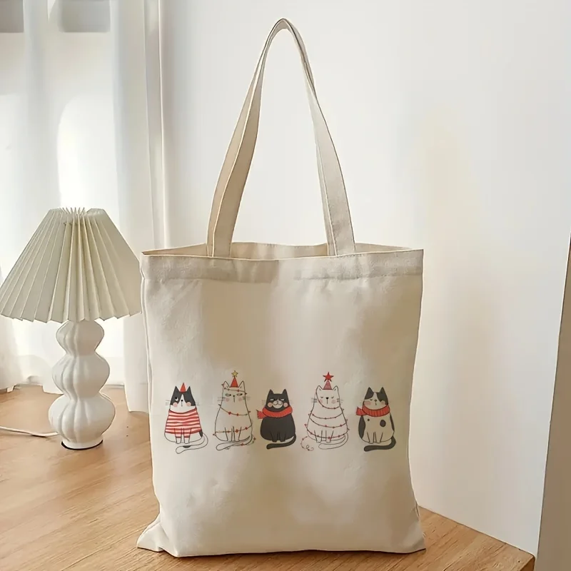 Cute and Fun Christmas Tree Cat Canvas Tote Bag，Reusable shopping bag，Multifunctional large-capacity printed handbag storage bag