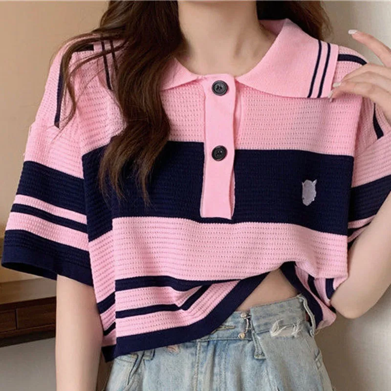 Fashion Thin Short Sleeve T-Shirt Women Summer Loose Turn-Down Collar Knitted Tees Woman Korean Style Pink Colour Striped Blouse