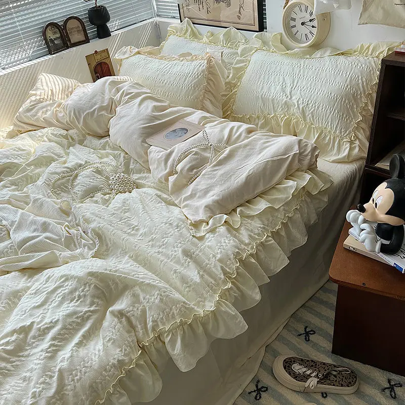 Comforter Sets Princess Style Korean Ins Solid Color Bed Sheet Washed With Cotton Edge And Soaked With Gauze Bed Linen