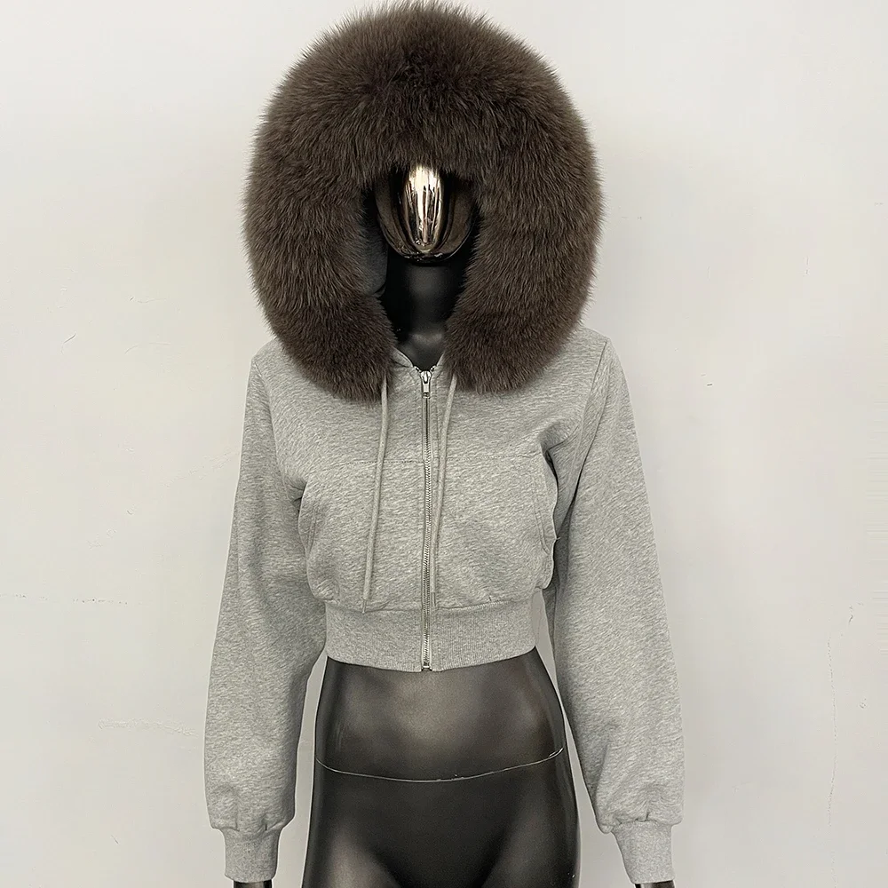 OFTBUY Lässige neue Winter-Oberbekleidung für Damen, echte Fuchspelz-Kapuzenjacke, kurze Jacke mit Reißverschluss und flauschigem Waschbärpelzbesatz. – Detail 26