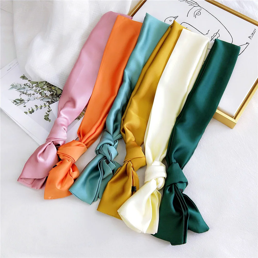 Solid Color Neckerchief Long Hair Scarves Female Silk Satin Neck Scarf For Women 14*145CM Fashion Headbands Plain Bag Scarf 2023