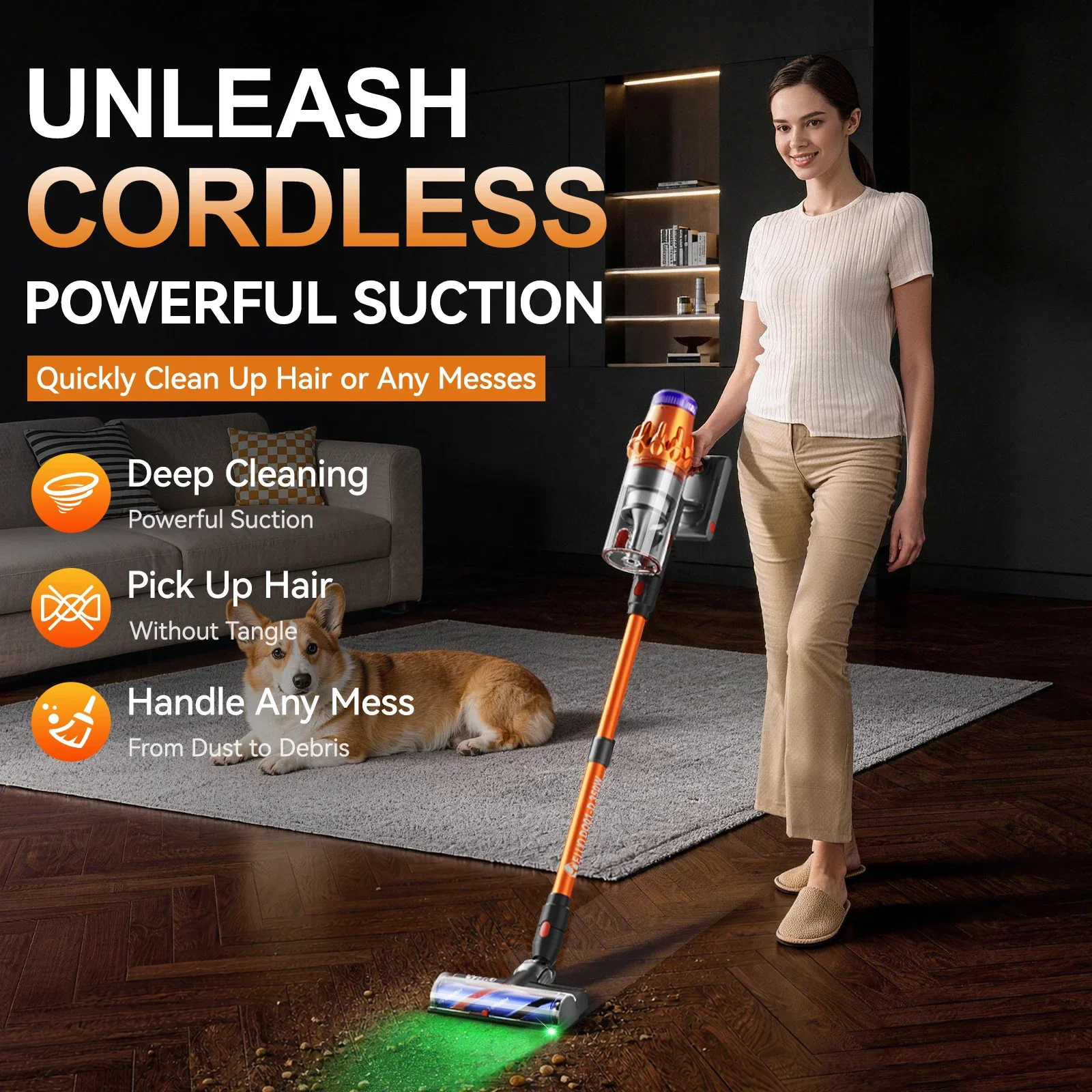Cordless Vacuum Cleaner, 60KPa Powerful Stick Vacuum with 60Min Runtime, Smart Dust Detection, LED Touch Screen Display, Pet Hair Vacuum for Hard Floors, Carpets and Home Cleaning