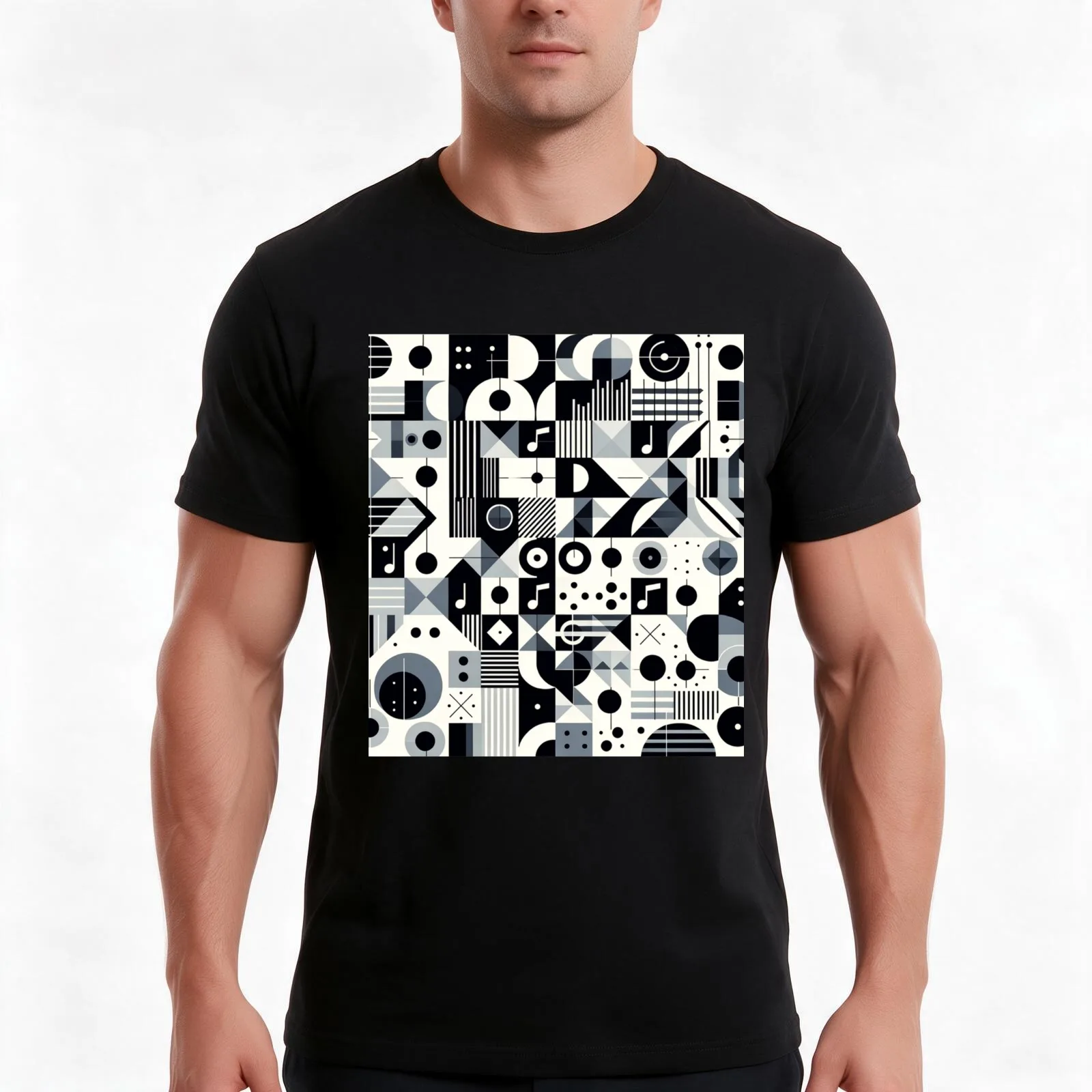 Geometric Rhythms T-Shirt, Summer Casual Cotton Tee, Oversized Streetwear Tops, Vintage Graphic Print, Loose Fit Short Sleeve