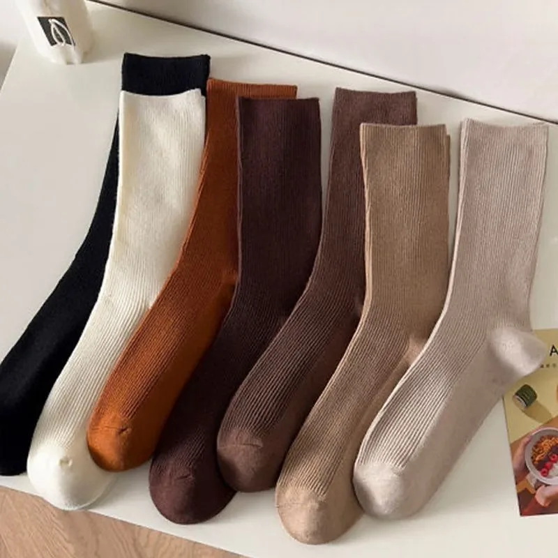 

7 Pairs Women's Spring Autumn Japanese-Style Athletic Mid-Calf Cotton Socks School Warm Socks for Women Solid Color White Sock