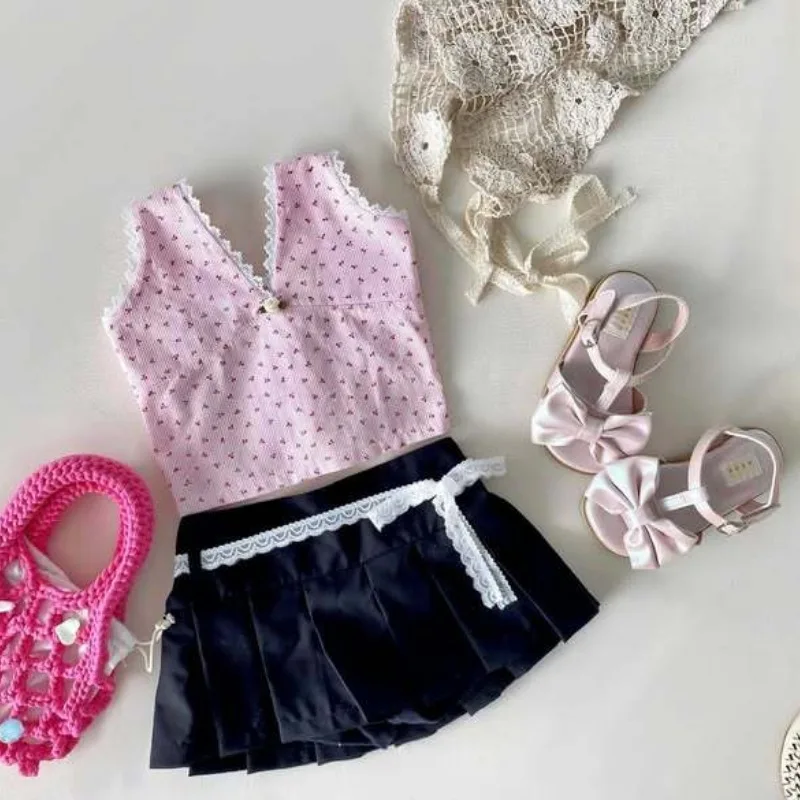 2026 Custom Girls Korean Cherry Print Comfortable Neck Top 2026 Summer New Baby Girl Short Trendy Bestseller