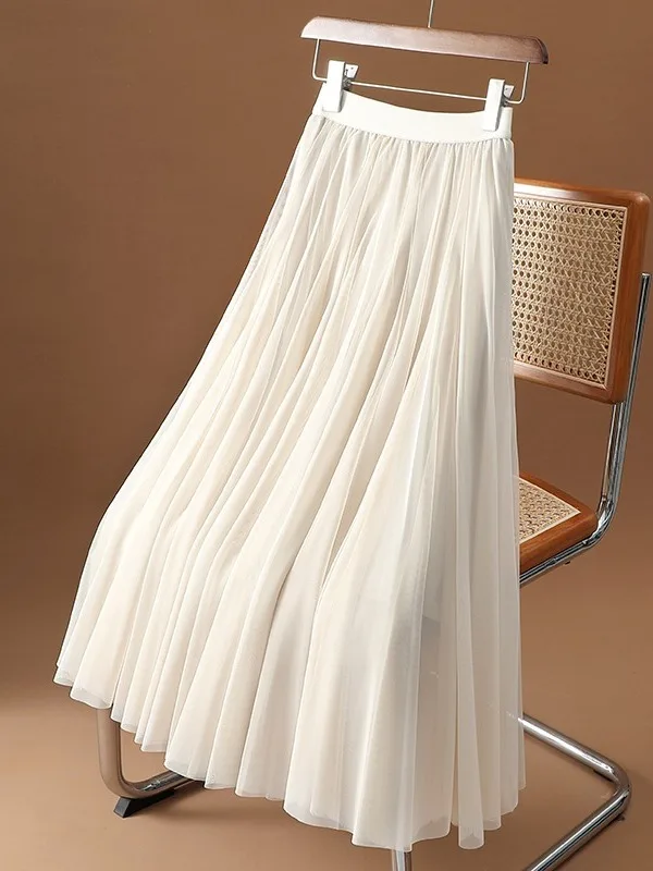 Elegant Mesh A-Line Midi Skirt Women's Spring Summer New High-End Drapey Cross-Body Large Swing Korean Style Commute