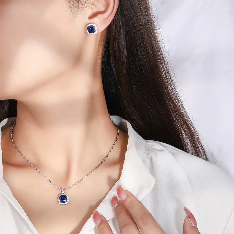 Jewelry S925 Sterling Silver Hot Selling Blue Sapphire Full Diamond Inlaid Pendant Earrings Main Stone 8*8