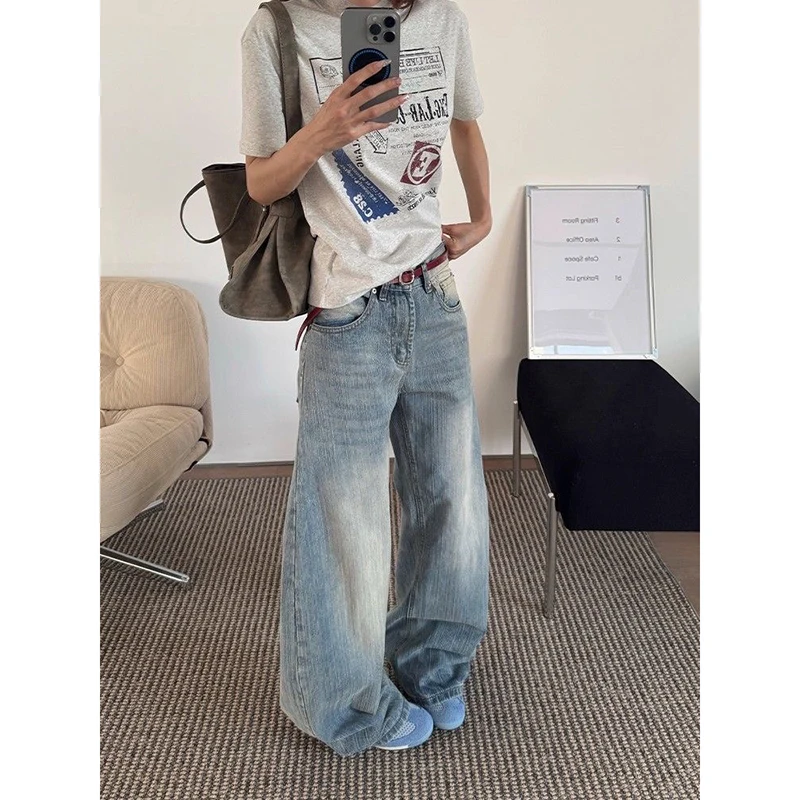 ZHIZOU, pantalones vaqueros informales azules para mujer, pantalones vaqueros holgados estéticos Vintage de cintura alta, pantalones vaqueros Harajuku Y2k Trashy 2000s