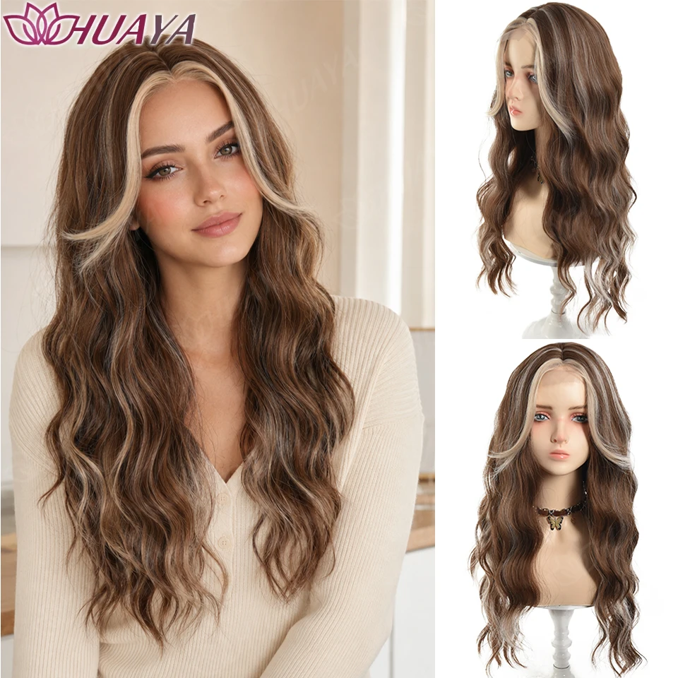 Synthetic Long Wavy Wig for Women Brown Blonde Highlights Middle Part Layered Full Hairpiece Cosplay Party Costume Wig