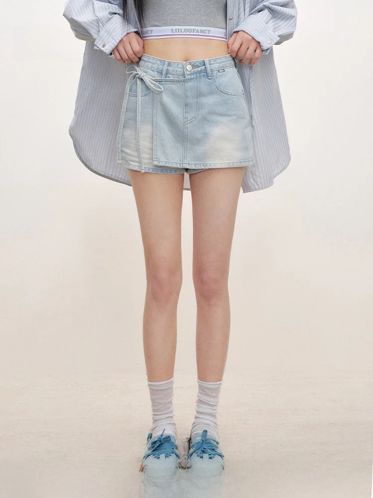 

Lii.Liilou Retro Jeans Lace Patchwork ket Asymmetrical Belted Denim orts Casual High Waist Cotton Wide Leg Pants