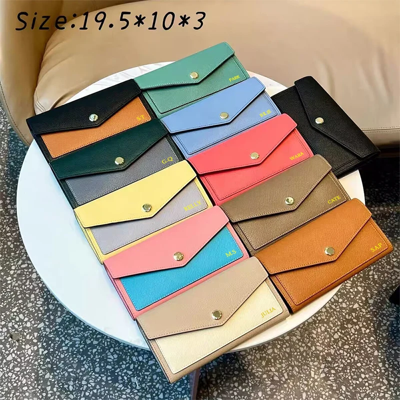 Envelope Woman Long Wallet Luxury Design Large Capacity Versatile Genuine Leather Card Holder Custom Initials Phone Coin Purse