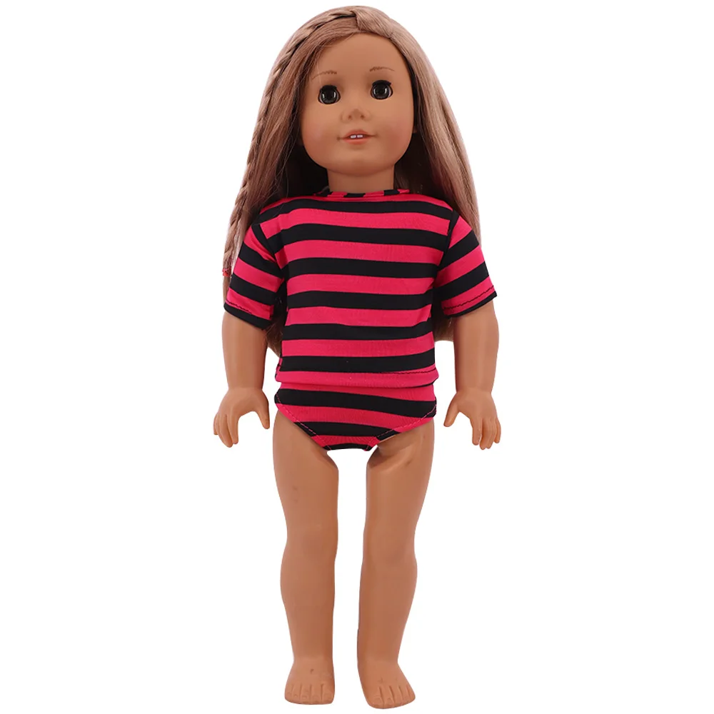 Para 18 Polegada roupas de boneca americana listrado pijamas conjunto mangas curtas apertado legging roupa interior caber 43cm boneca do bebê nascido, brinquedo de presente da menina