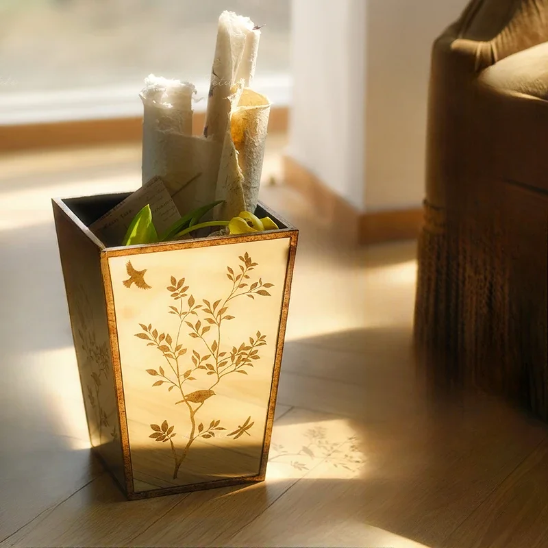 Retro mirror plant flower and bird paper basket, antique calligraphy and painting storage bucket, household flower utensil