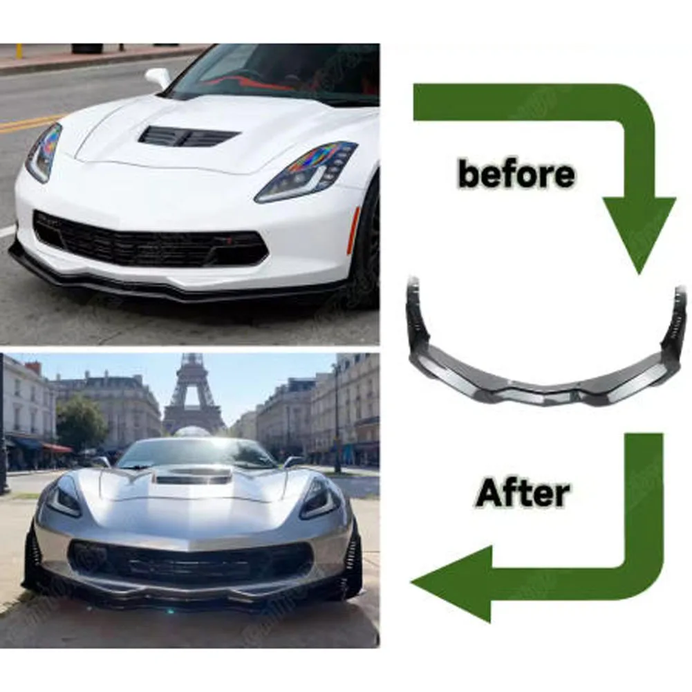 Car Front Bumper Lip&Side Winglets For 2014-2019 Chevy Corvette C7 Z06 Stingray Z51  Spoiler Splitter Carbon Look