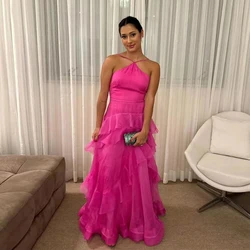 BridalAffair Fuchsia Tulle Party Dresses Sexy Backless A-line Tiered Prom Gowns Halter Formal Occasion Dresses Vestidos De Gala