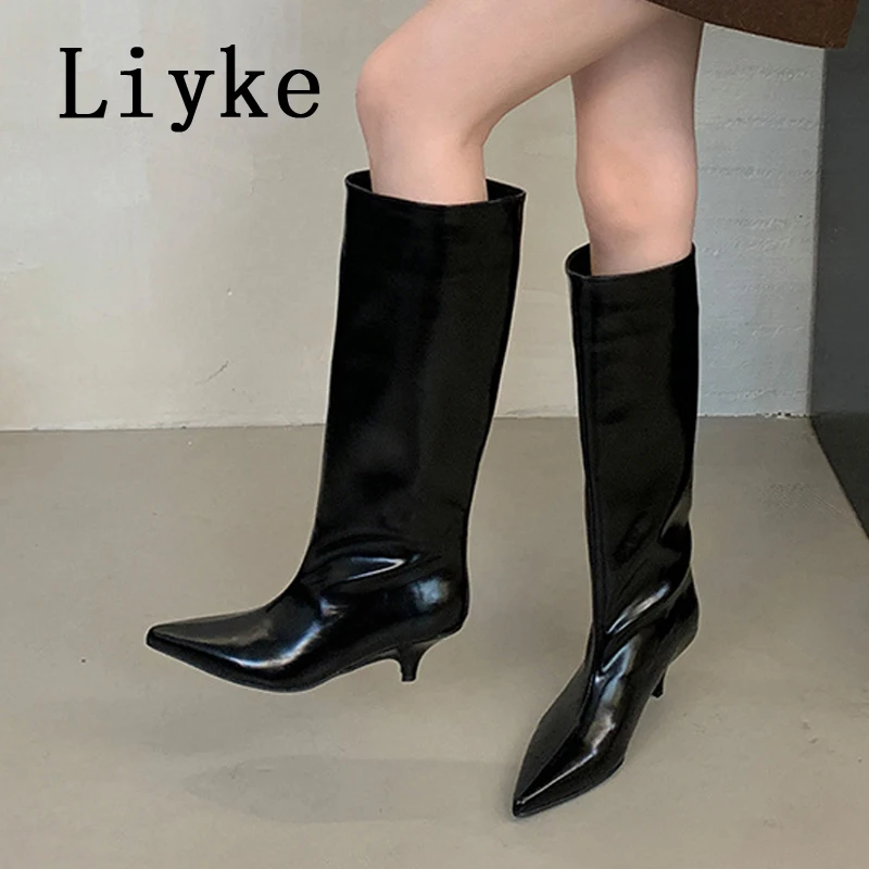 Liyke Winter Street Style Cosy Pointed Toe Woman Knee-High Boots Slip-On Low Thin Heels Shoes Female Long Booties Zapatos Mujer