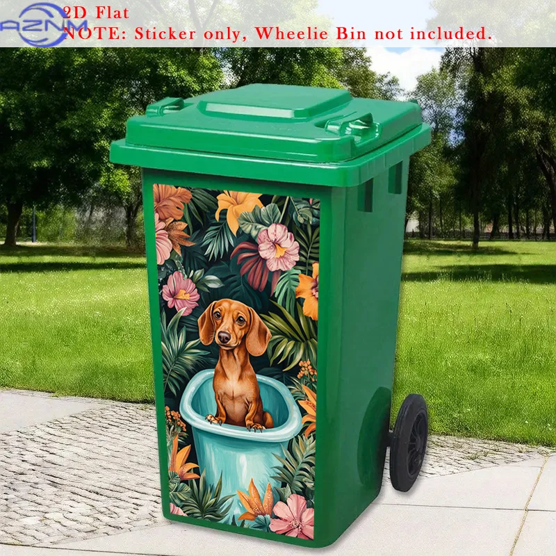 One-Piece 2D Flat Mural Sticker Featuring Tropical Flowers, Removable Self-Adhesive Stickers of a Dachshund in a Bathtub, Colo