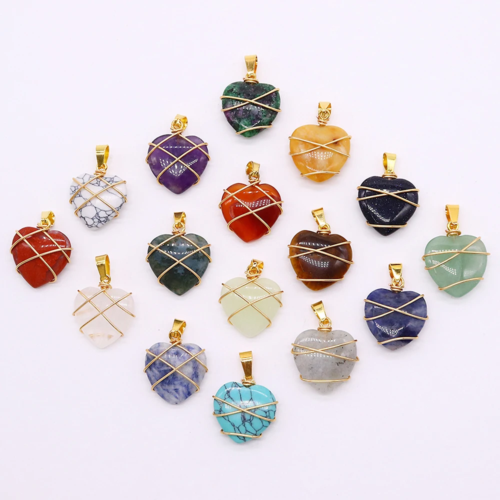 

Natural Stone Pendants Quartz Gold Color Copper Wire Wrap Crystal Heart Charms for Jewelry Making DIY Necklace Accessories 10pcs