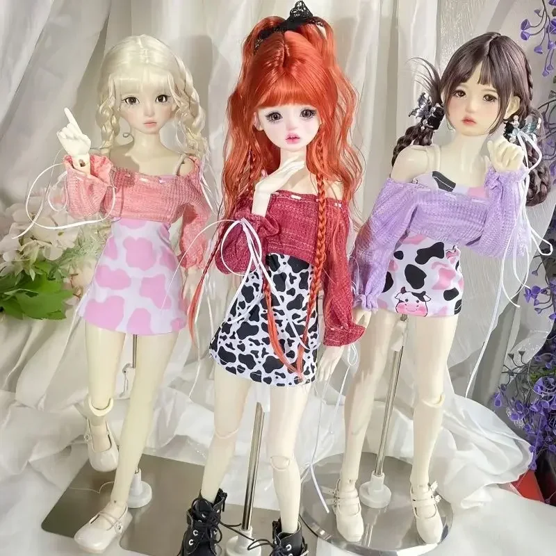 (Customized) 1/3 1/4 1/5 Doll's Clothes Suit for 60/45/36cm Bjd Doll Loose Long Sleeve+Slimming Strap Skirt Set Doll Accessories