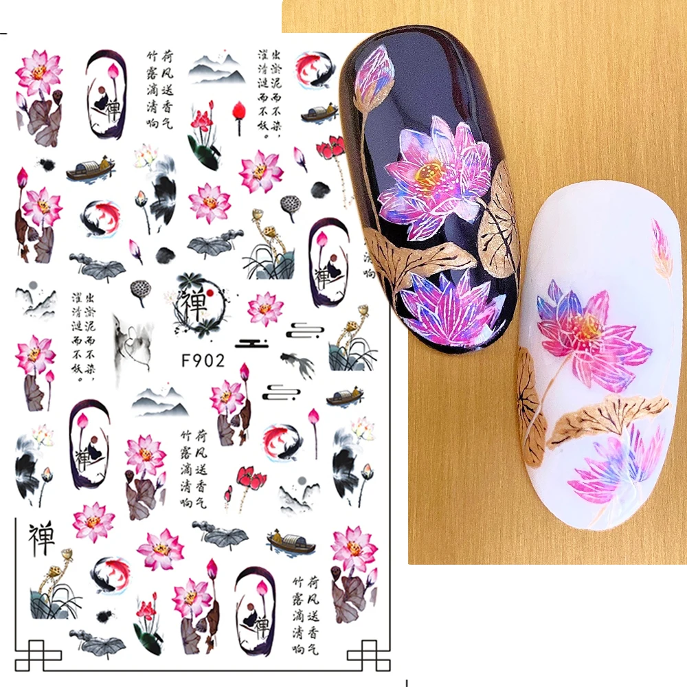 Chinese Characters Nail Sticker Lotus Flowers Crane Bamboo Leaf Sliders For Nails Cherry Blossom Decals Japanese Manicure GLF902