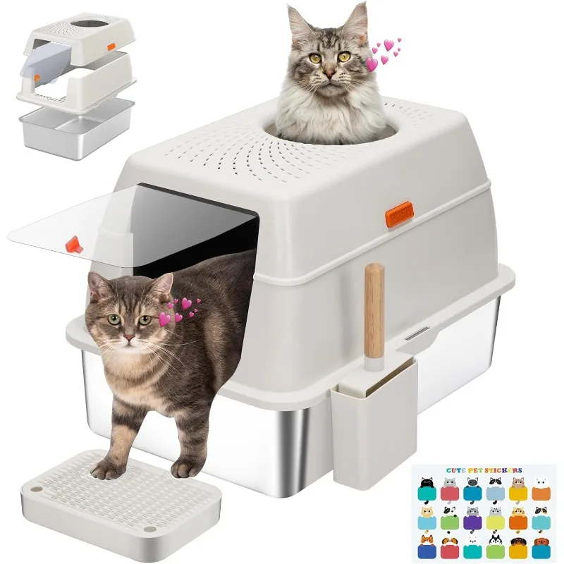 

Stainless Steel Litter Box with Lid, SUS304 Metal Cat Litter Box, Enclosed Extra Large Kitty Litter Box High Wall, Jumbo