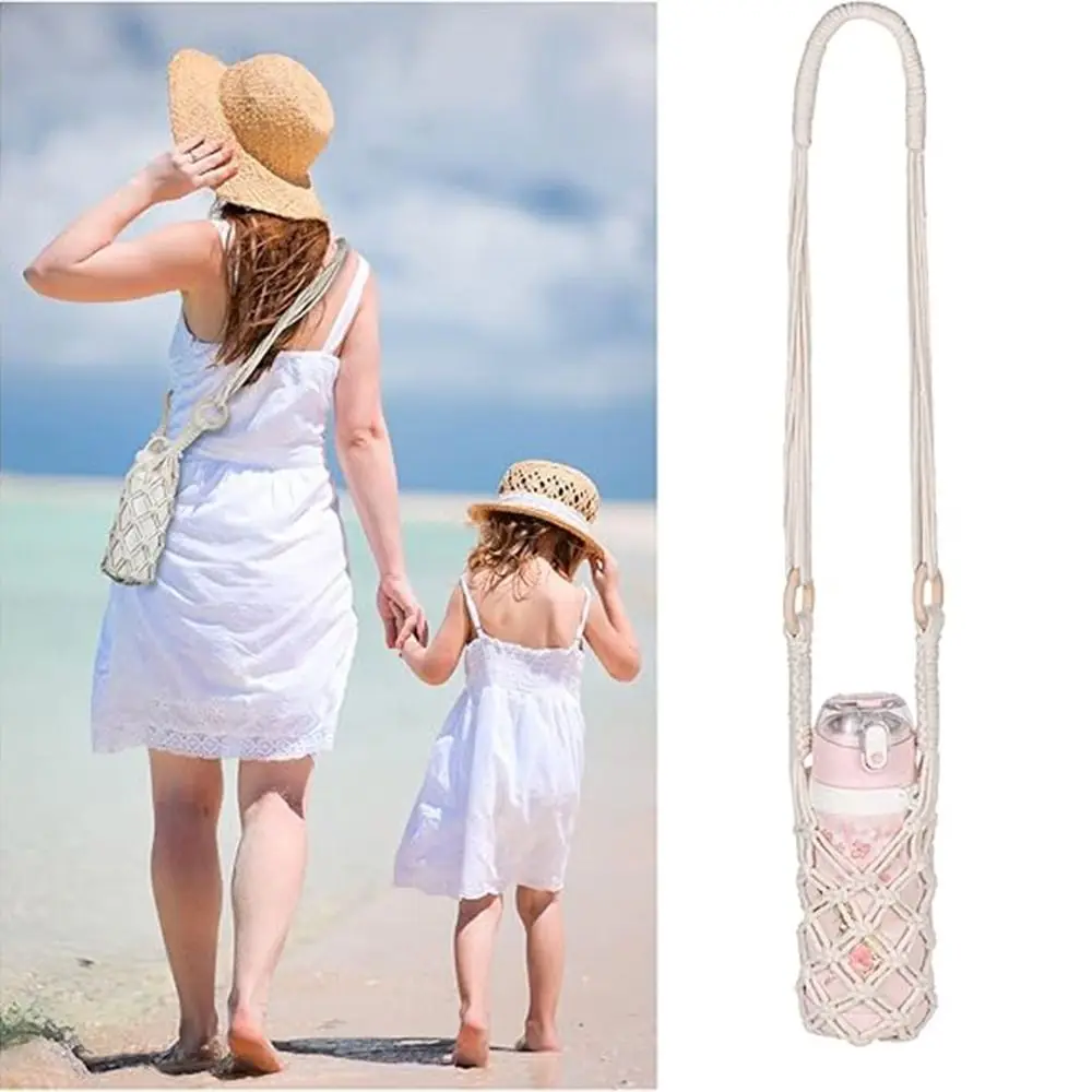 Bohemian Hanging Bottle Net Bag Hand-woven Decorative Coffee Cup Holder Cotton Rope Handmade Crochet Wine Bottle Carrier