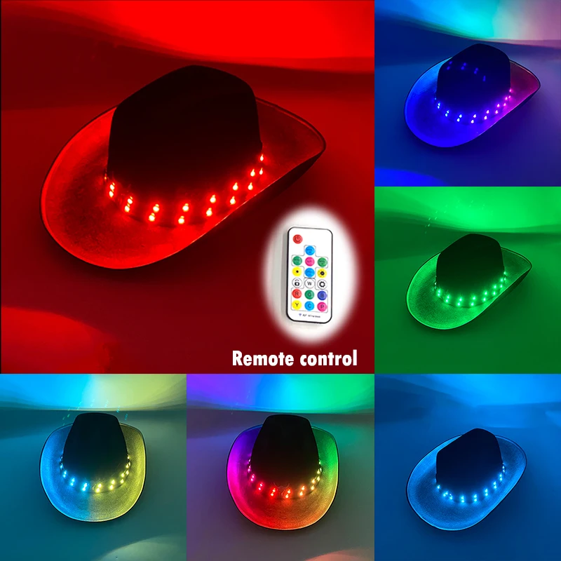 Multiple lighting control modes glowing Cowboy Hat Men and Woman's Western Cowboy LED light up hat with Metal Bull Head