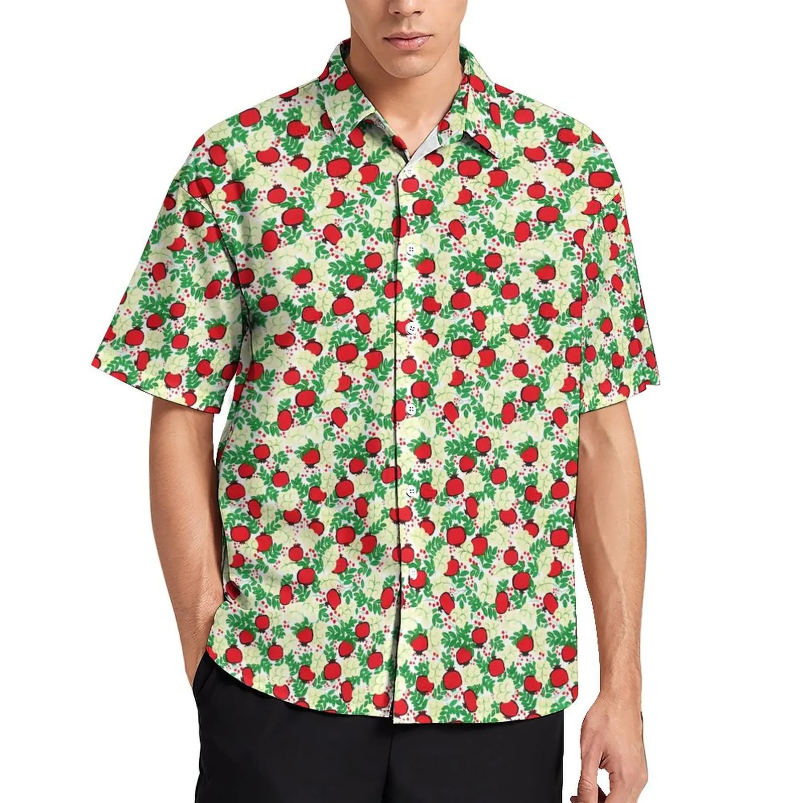 

Tropical Fruit Print Beach Shirt Green Leaves Hawaiian Casual Shirts Men Vintage Blouses Short Sleeve Stylish Design Top