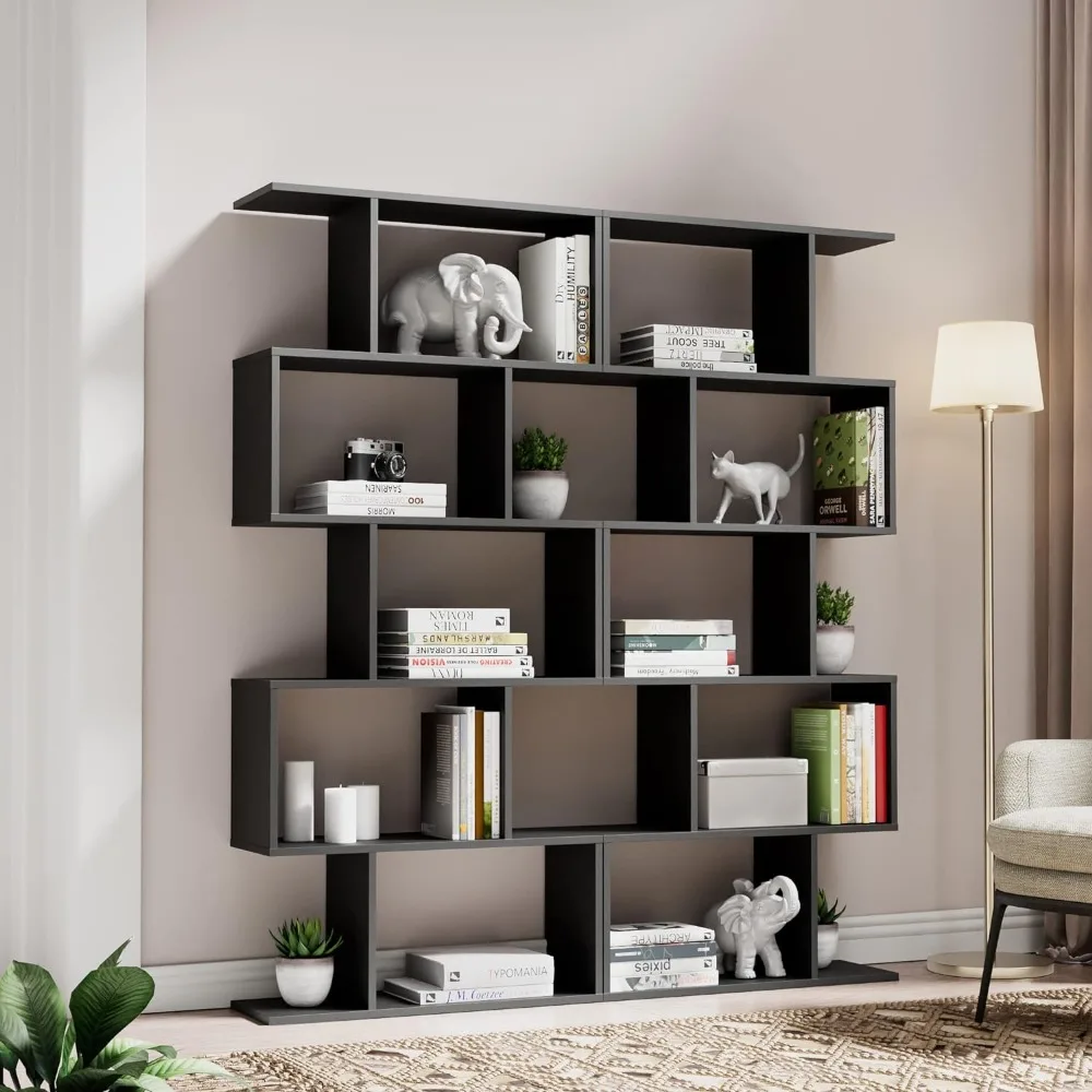 

Geometric Wood Book Shelf Display Cabinet 62" Tall Bookcase With 5-Tier Display Shelf Furniture Cozy Castle Bookshelf Set of 2